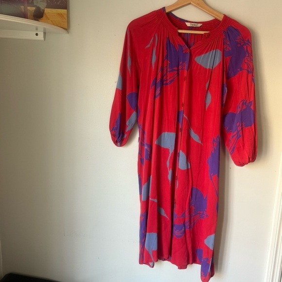 Tucker Disco in Red Sea Silk Ruched Abstract Button Up Shirt Dress Size M - Picture 2 of 9